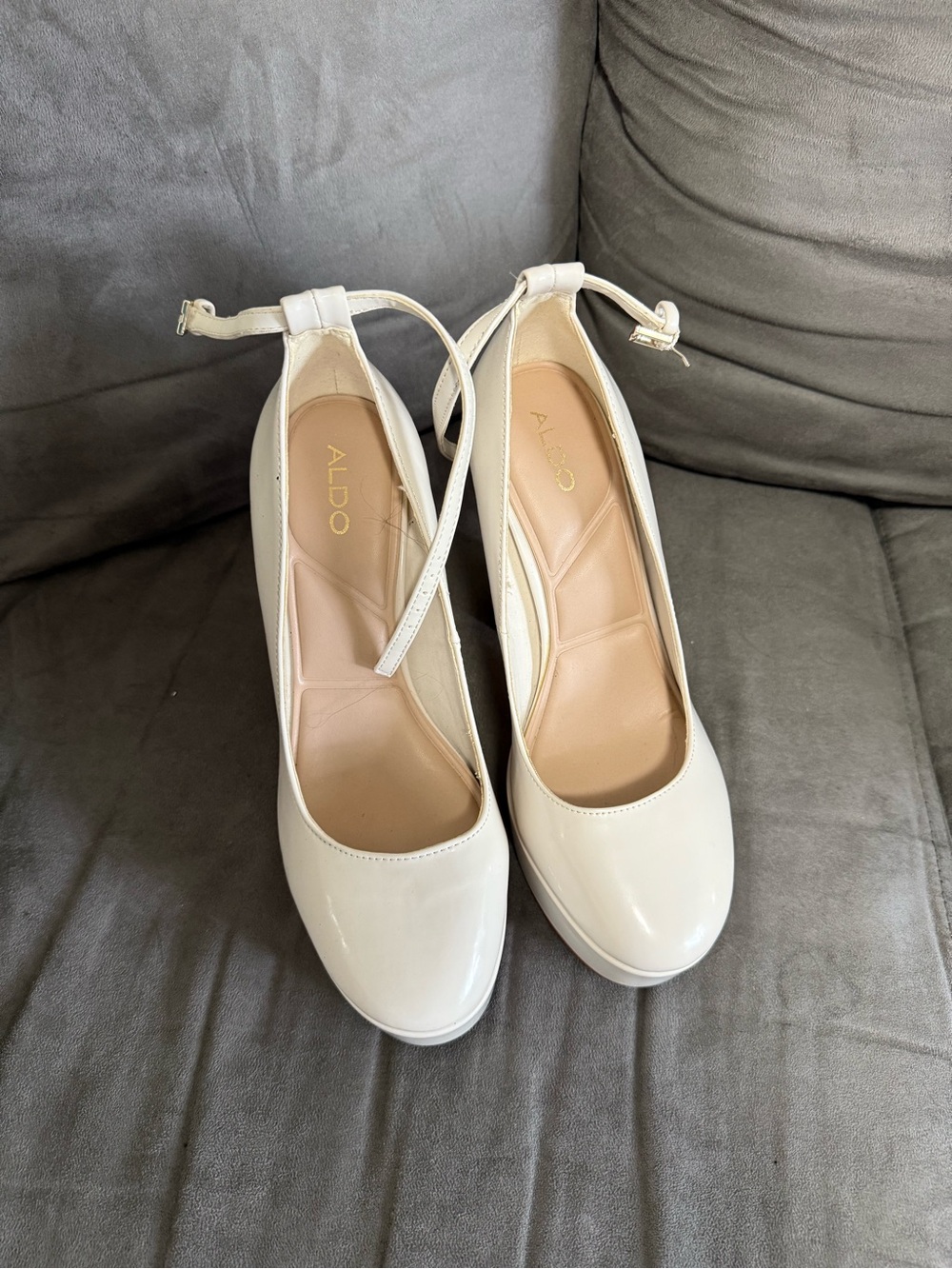 Aldo Ivory Patent Ankle-Strap Pumps